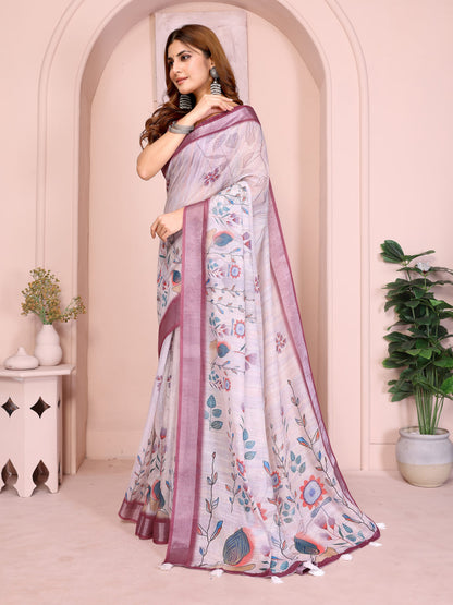 Lavender Grey Floral Print Linen Saree with Mauve Border and Tassel Pallu, 6.3 Metres with Running Blouse for Office Wear