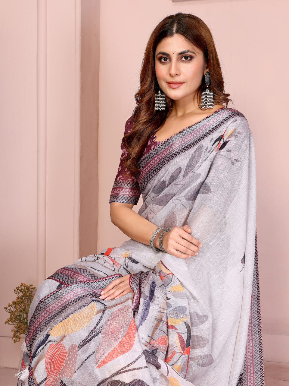 Silver Grey Linen Saree with Multicolour Botanical Print, Patterned Border and Running Blouse for Office Wear