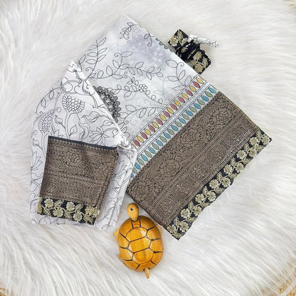 Designer Dola Silk Saree with Kalamkari Print, Jacquard Border & Lace – 6.3 Meters with Blouse