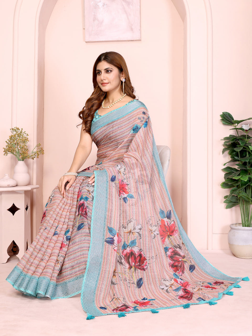 Blush Pink Floral Print Linen Saree with Aqua Blue Border, Tassel Pallu and Running Blouse for Elegant Office Wear