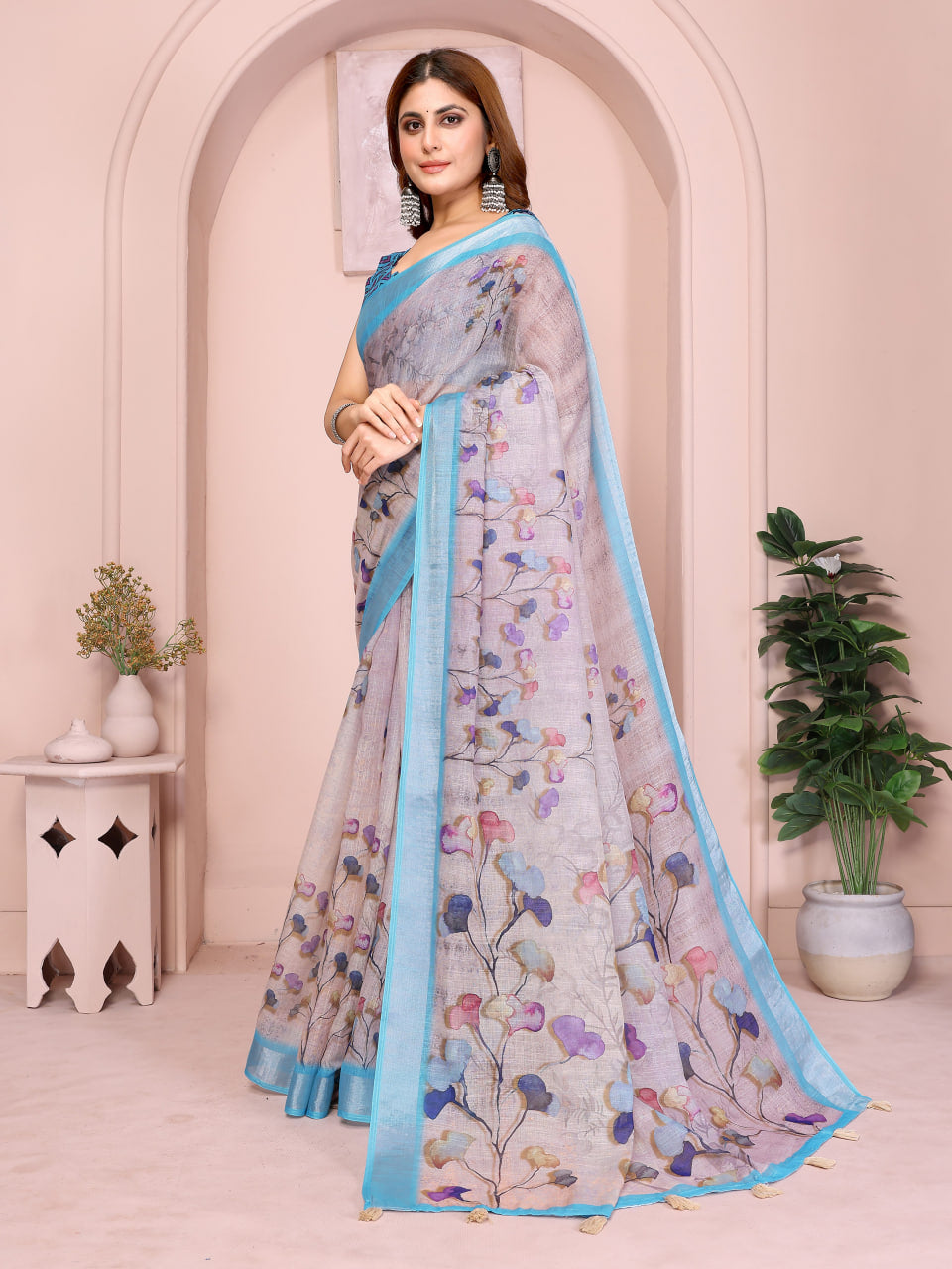 Lavender Grey Linen Saree with Multicolour Floral Print and Sky Blue Border, 6.3 Metres with Running Blouse for Office Wear