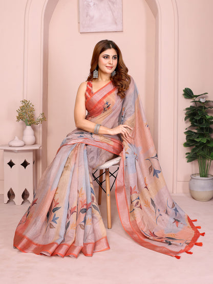 Pastel Peach and Grey Linen Saree with Floral Print, Coral Border and Tasselled Pallu, 6.3 m with Running Blouse