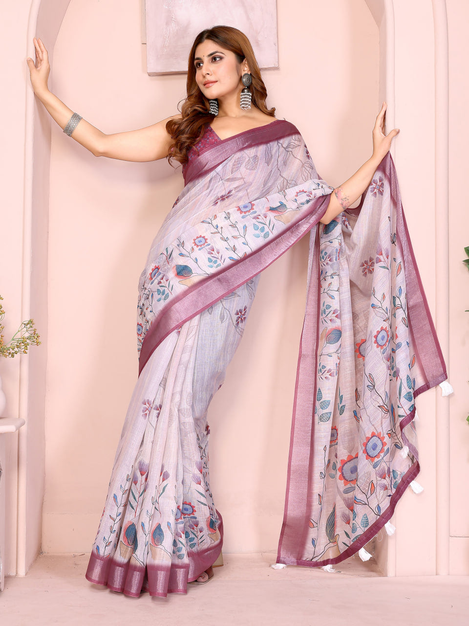 Lavender Grey Floral Print Linen Saree with Mauve Border and Tassel Pallu, 6.3 Metres with Running Blouse for Office Wear