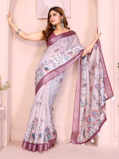 Lavender Grey Floral Print Linen Saree with Mauve Border and Tassel Pallu, 6.3 Metres with Running Blouse for Office Wear