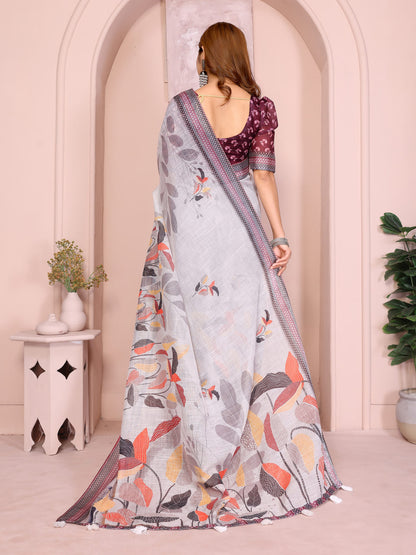 Silver Grey Linen Saree with Multicolour Botanical Print, Patterned Border and Running Blouse for Office Wear