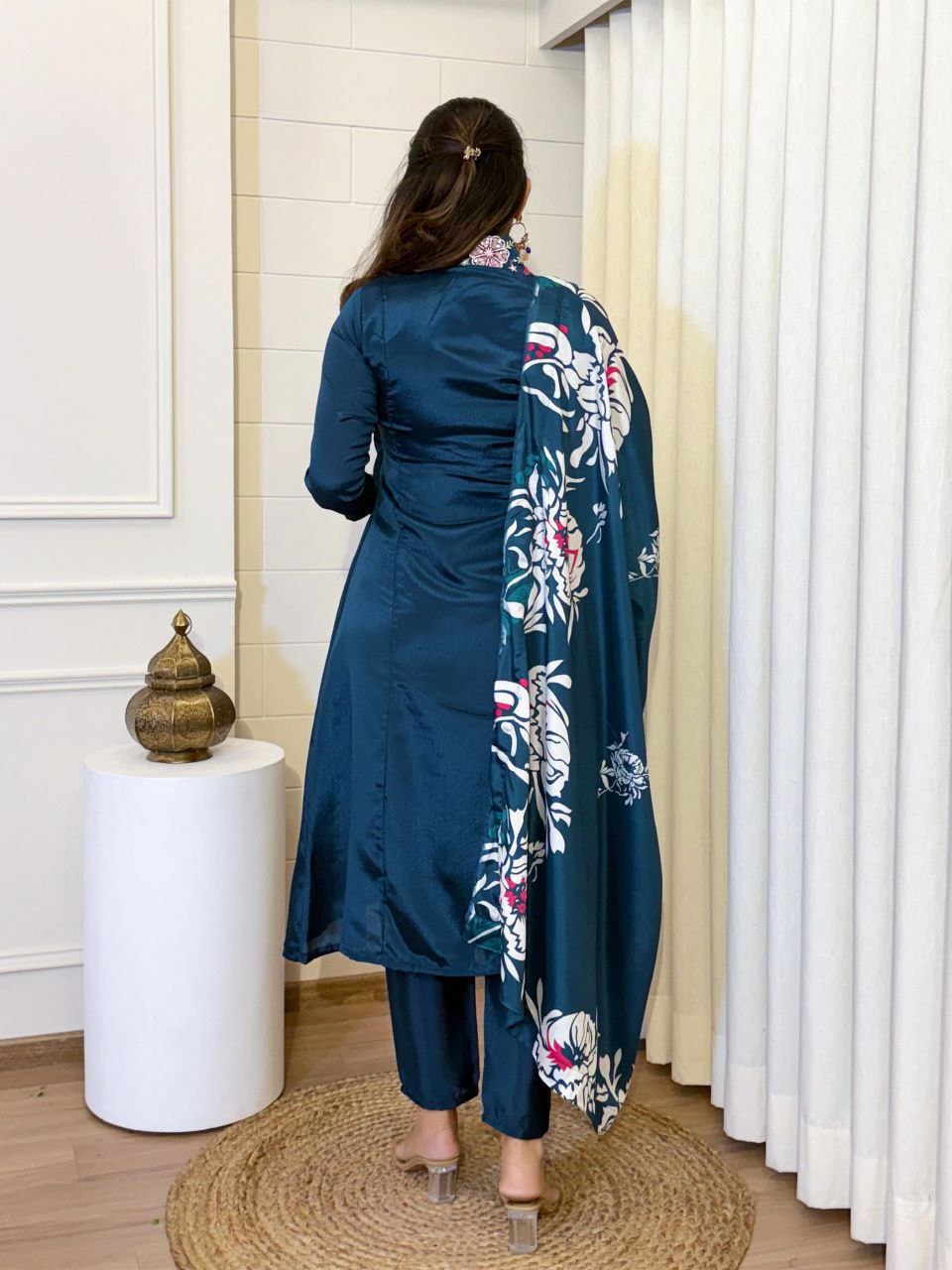 Designer Rashmika Embroidery Work Chinnon V-neck