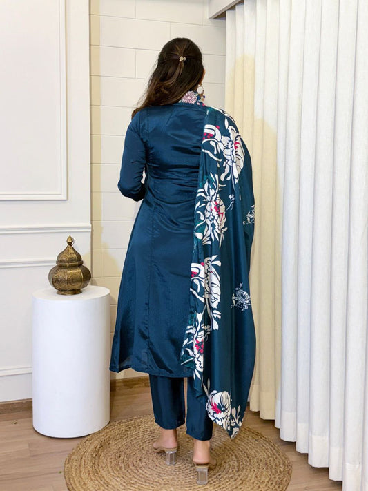 Designer Rashmika Embroidery Work Chinnon V-neck