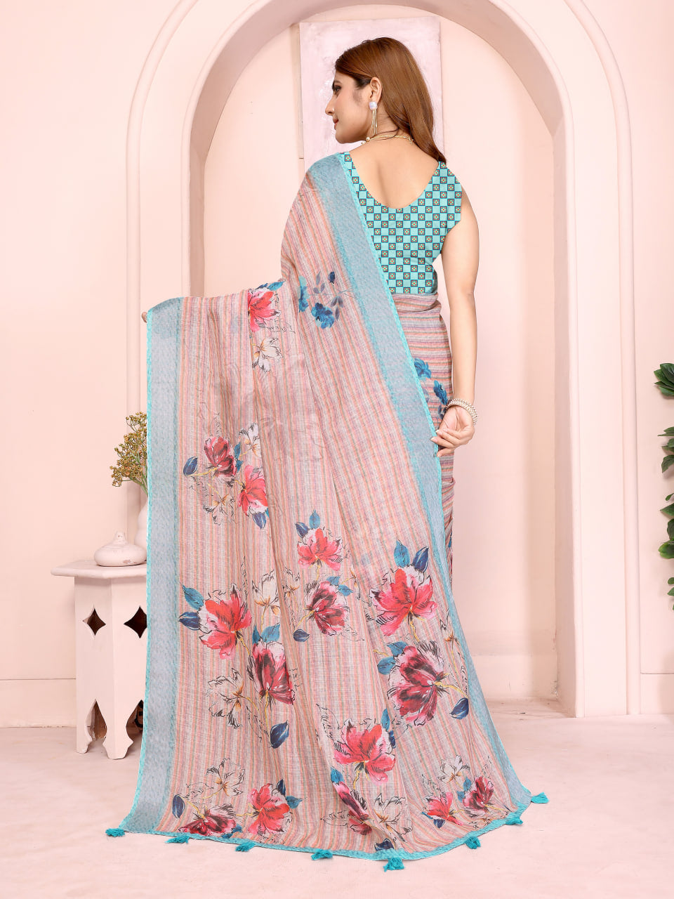 Blush Pink Floral Print Linen Saree with Aqua Blue Border, Tassel Pallu and Running Blouse for Elegant Office Wear