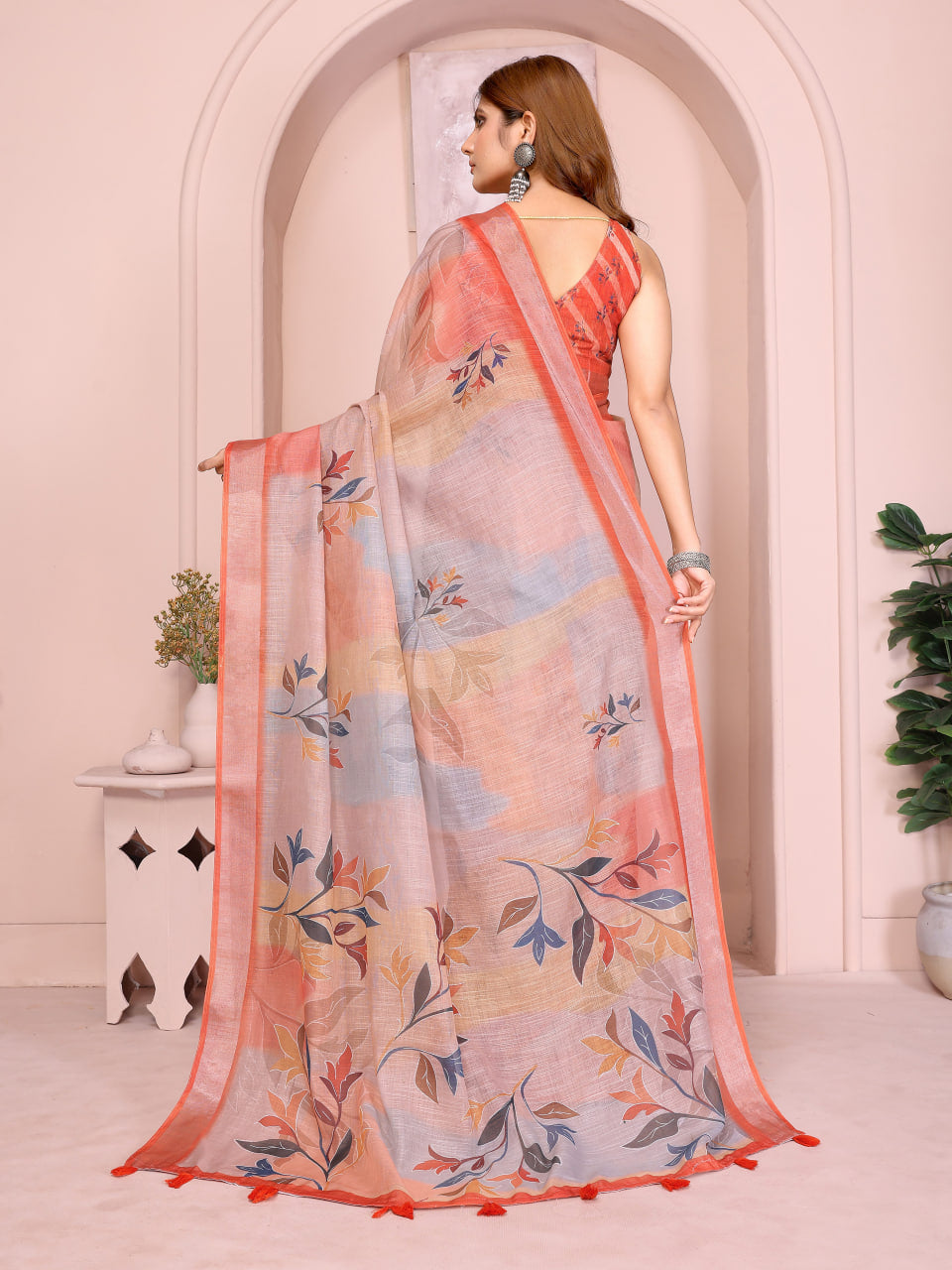Pastel Peach and Grey Linen Saree with Floral Print, Coral Border and Tasselled Pallu, 6.3 m with Running Blouse