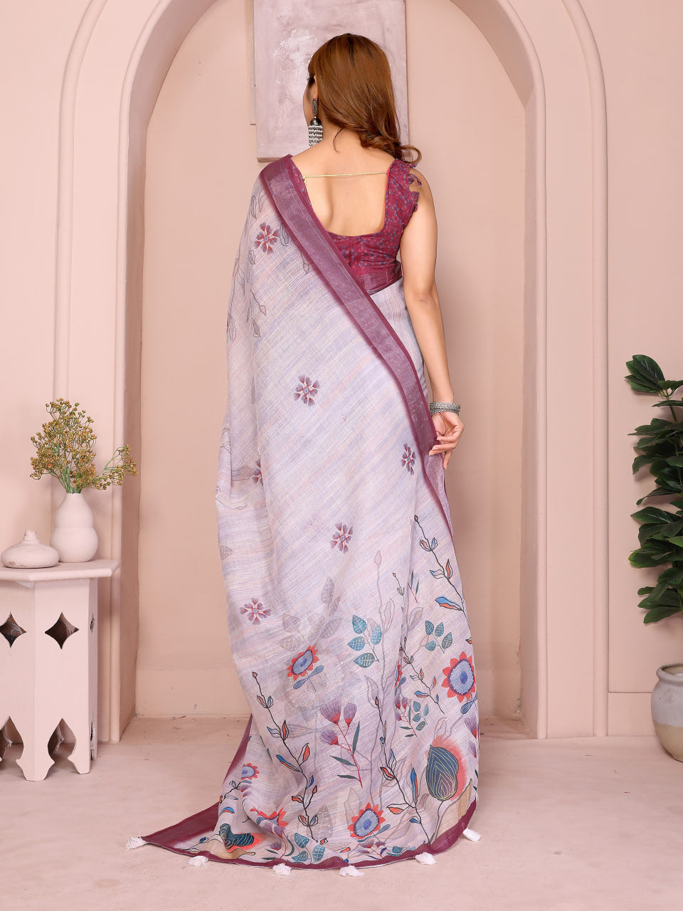 Lavender Grey Floral Print Linen Saree with Mauve Border and Tassel Pallu, 6.3 Metres with Running Blouse for Office Wear
