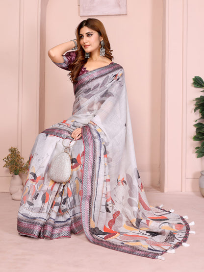 Silver Grey Linen Saree with Multicolour Botanical Print, Patterned Border and Running Blouse for Office Wear