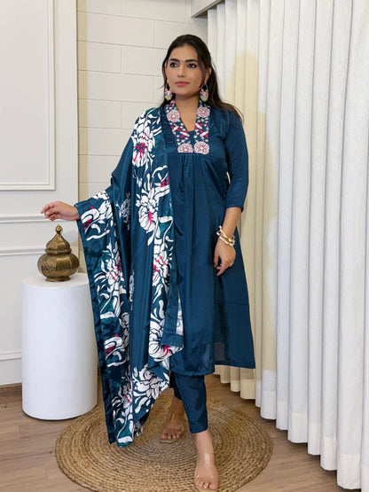 Designer Rashmika Embroidery Work Chinnon V-neck