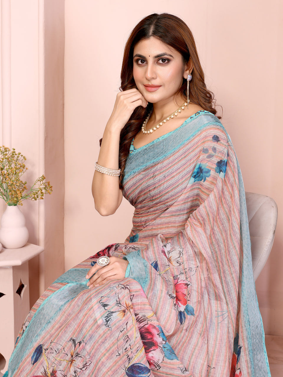 Blush Pink Floral Print Linen Saree with Aqua Blue Border, Tassel Pallu and Running Blouse for Elegant Office Wear