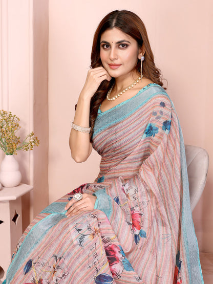Blush Pink Floral Print Linen Saree with Aqua Blue Border, Tassel Pallu and Running Blouse for Elegant Office Wear