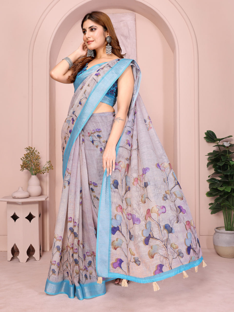 Lavender Grey Linen Saree with Multicolour Floral Print and Sky Blue Border, 6.3 Metres with Running Blouse for Office Wear