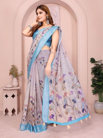 Lavender Grey Linen Saree with Multicolour Floral Print and Sky Blue Border, 6.3 Metres with Running Blouse for Office Wear