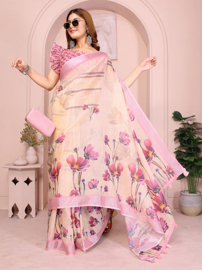 Cream and Blush Pink Floral Print Linen Saree with Pink Border, Tassel Pallu and Running Blouse for Daily Wear
