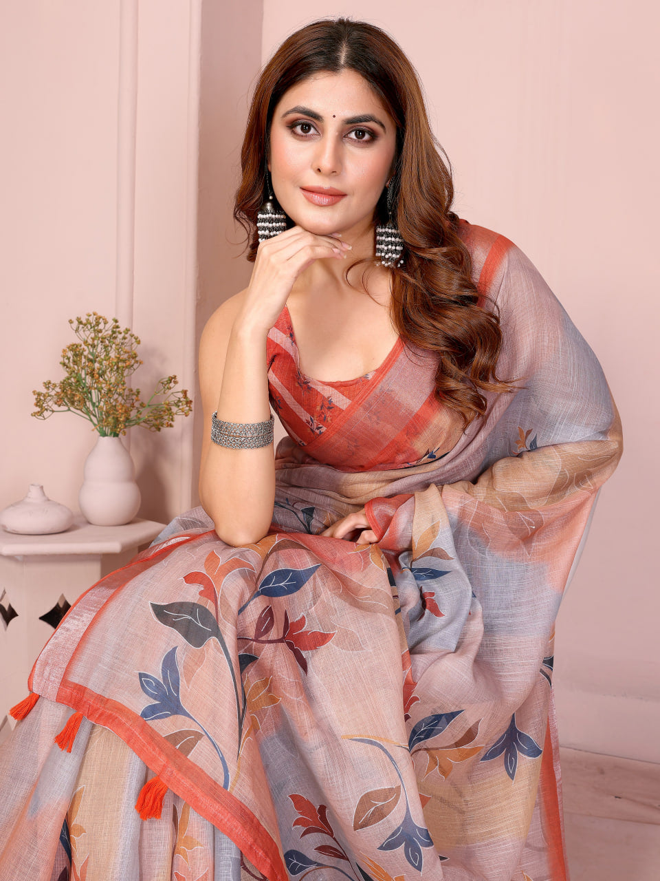 Pastel Peach and Grey Linen Saree with Floral Print, Coral Border and Tasselled Pallu, 6.3 m with Running Blouse