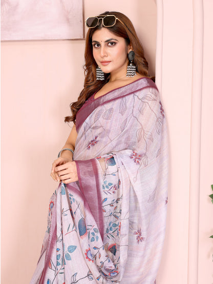 Lavender Grey Floral Print Linen Saree with Mauve Border and Tassel Pallu, 6.3 Metres with Running Blouse for Office Wear