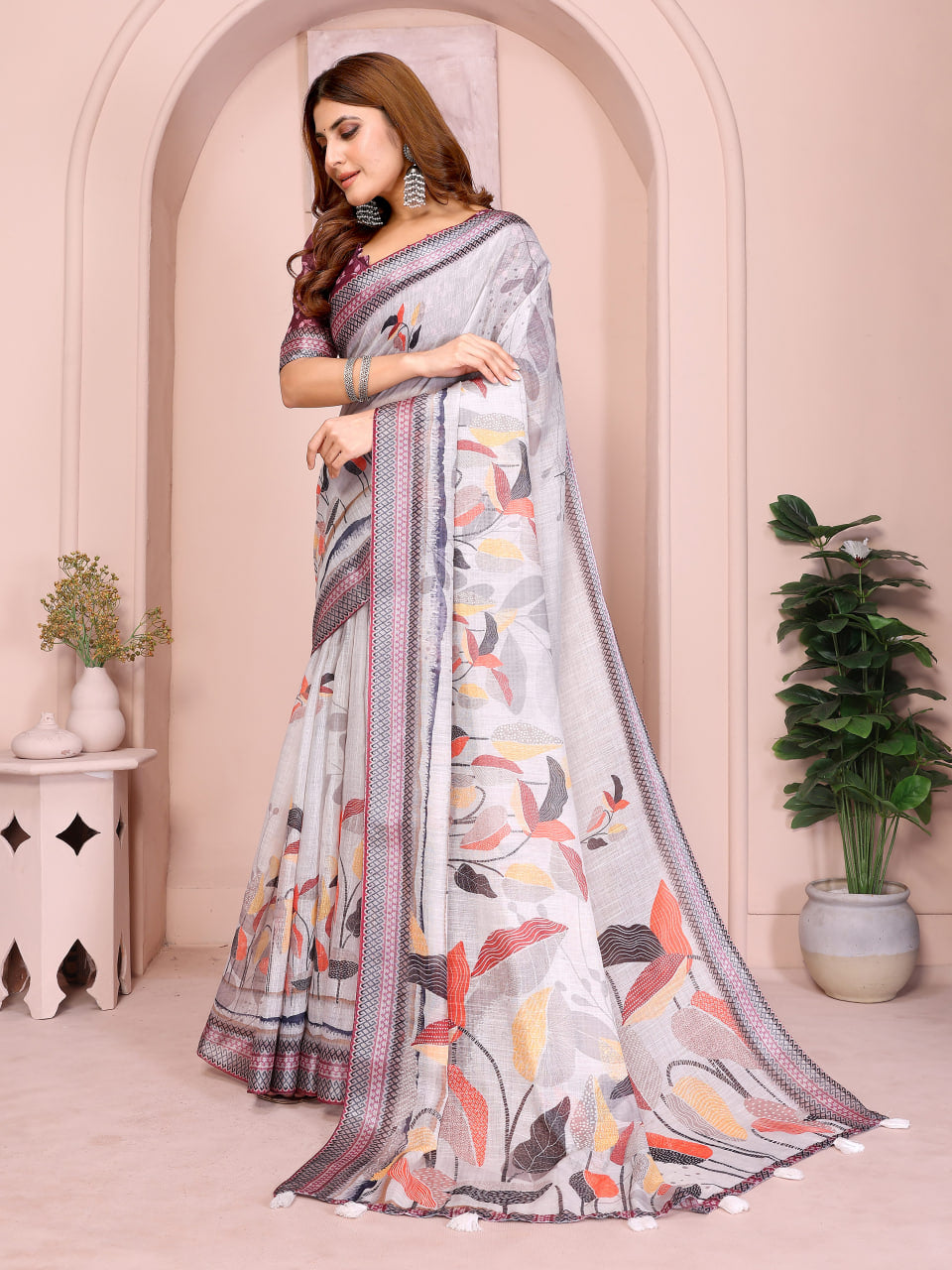 Silver Grey Linen Saree with Multicolour Botanical Print, Patterned Border and Running Blouse for Office Wear