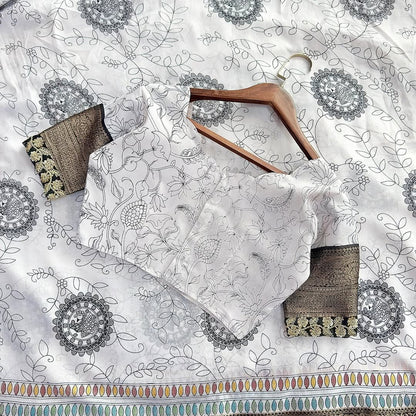 Designer Dola Silk Saree with Kalamkari Print, Jacquard Border & Lace – 6.3 Meters with Blouse