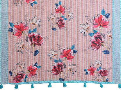 Blush Pink Floral Print Linen Saree with Aqua Blue Border, Tassel Pallu and Running Blouse for Elegant Office Wear