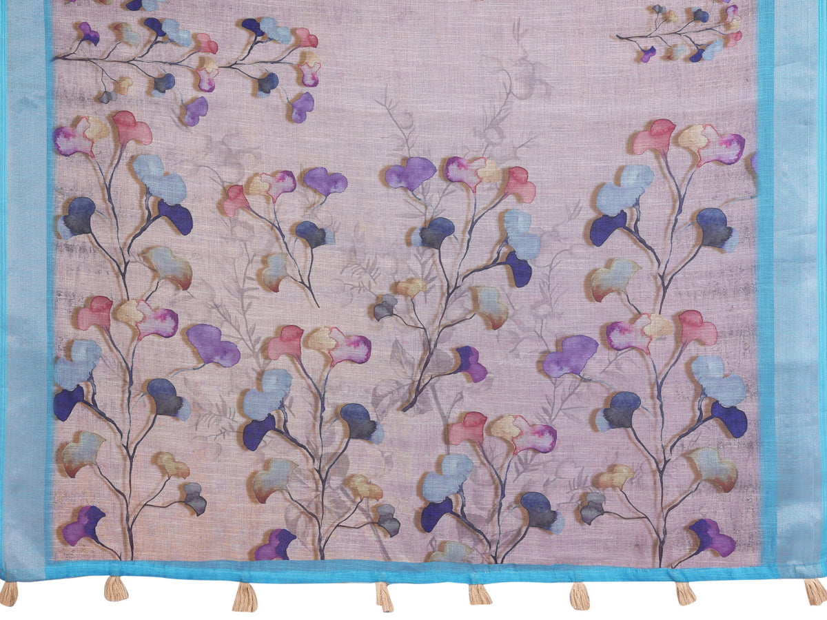 Lavender Grey Linen Saree with Multicolour Floral Print and Sky Blue Border, 6.3 Metres with Running Blouse for Office Wear