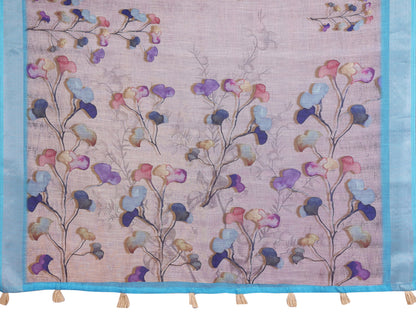 Lavender Grey Linen Saree with Multicolour Floral Print and Sky Blue Border, 6.3 Metres with Running Blouse for Office Wear