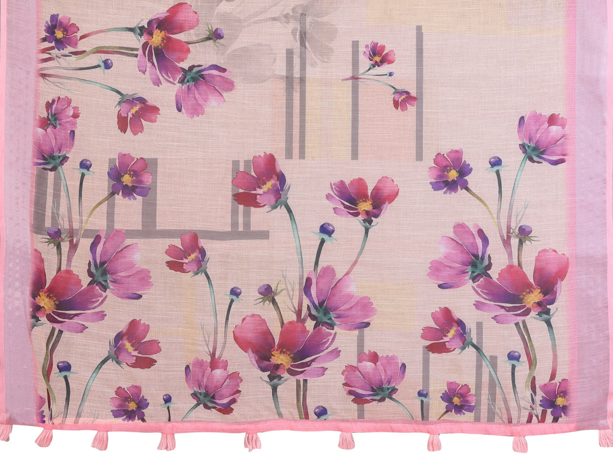 Cream and Blush Pink Floral Print Linen Saree with Pink Border, Tassel Pallu and Running Blouse for Daily Wear