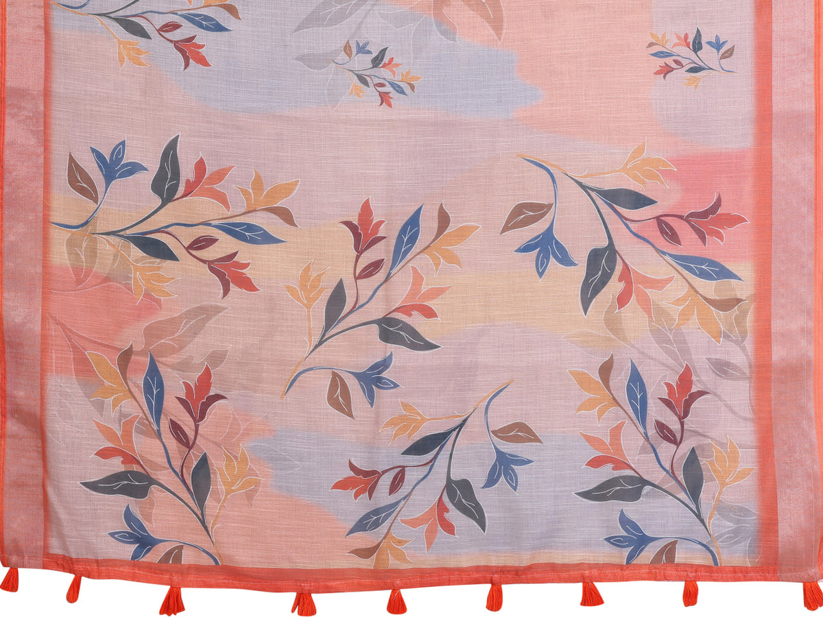 Pastel Peach and Grey Linen Saree with Floral Print, Coral Border and Tasselled Pallu, 6.3 m with Running Blouse