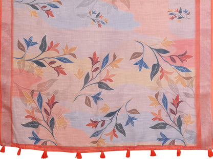 Pastel Peach and Grey Linen Saree with Floral Print, Coral Border and Tasselled Pallu, 6.3 m with Running Blouse