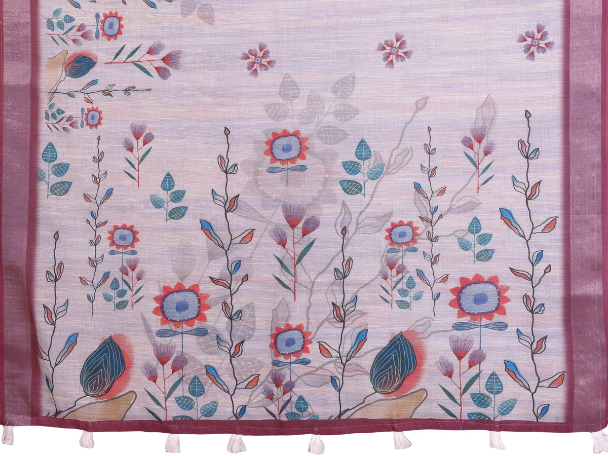 Lavender Grey Floral Print Linen Saree with Mauve Border and Tassel Pallu, 6.3 Metres with Running Blouse for Office Wear
