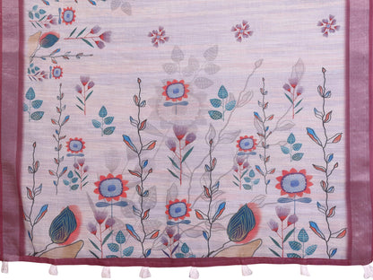 Lavender Grey Floral Print Linen Saree with Mauve Border and Tassel Pallu, 6.3 Metres with Running Blouse for Office Wear