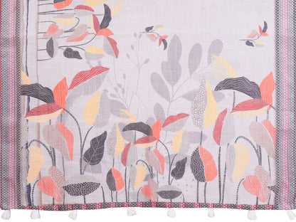 Silver Grey Linen Saree with Multicolour Botanical Print, Patterned Border and Running Blouse for Office Wear
