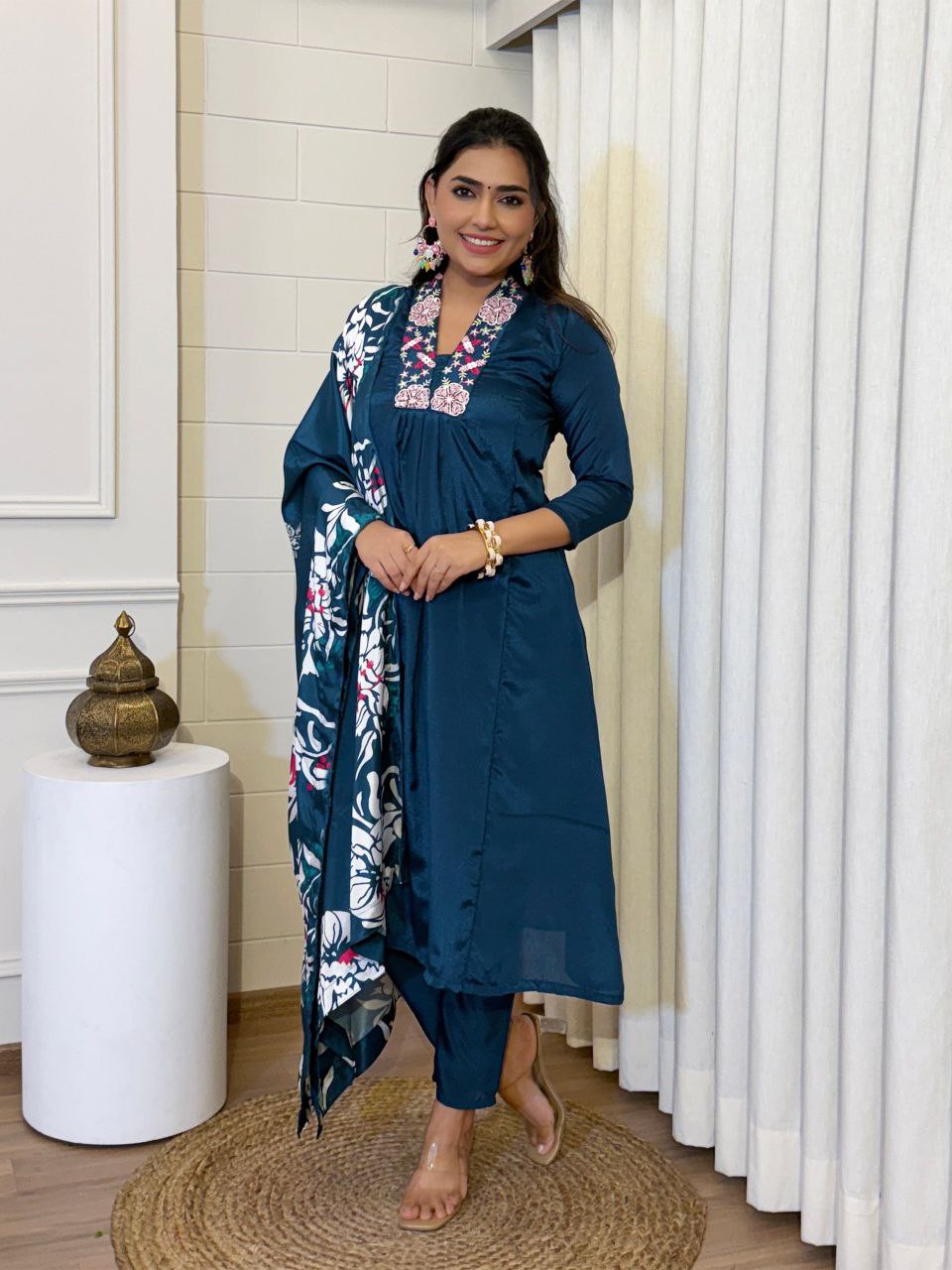 Designer Rashmika Embroidery Work Chinnon V-neck