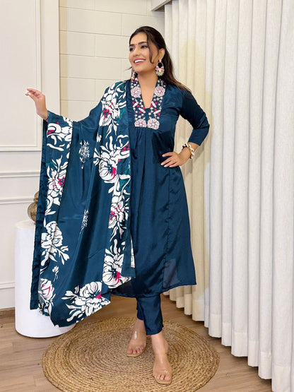 Designer Rashmika Embroidery Work Chinnon V-neck