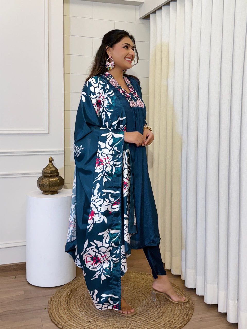 Designer Rashmika Embroidery Work Chinnon V-neck