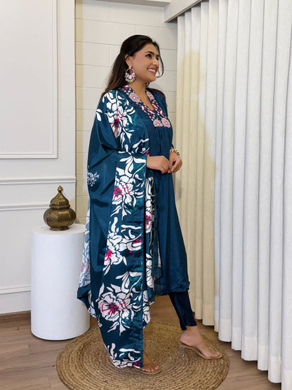 Designer Rashmika Embroidery Work Chinnon V-neck