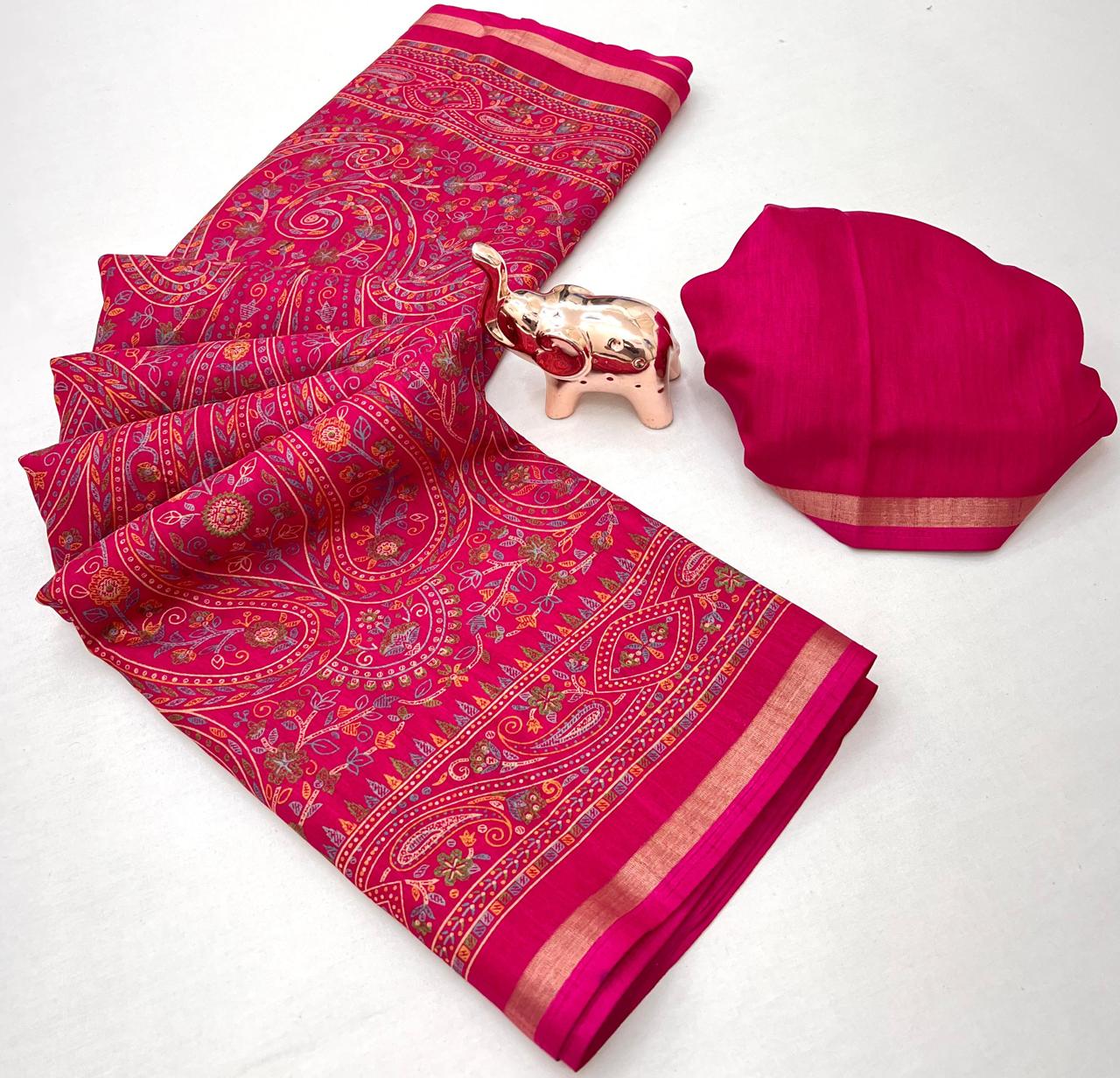 Pure Soft Tussar Silk Kashmiri Printed Saree with Rich Pallu & Golden Border | Elegant Traditional Wear