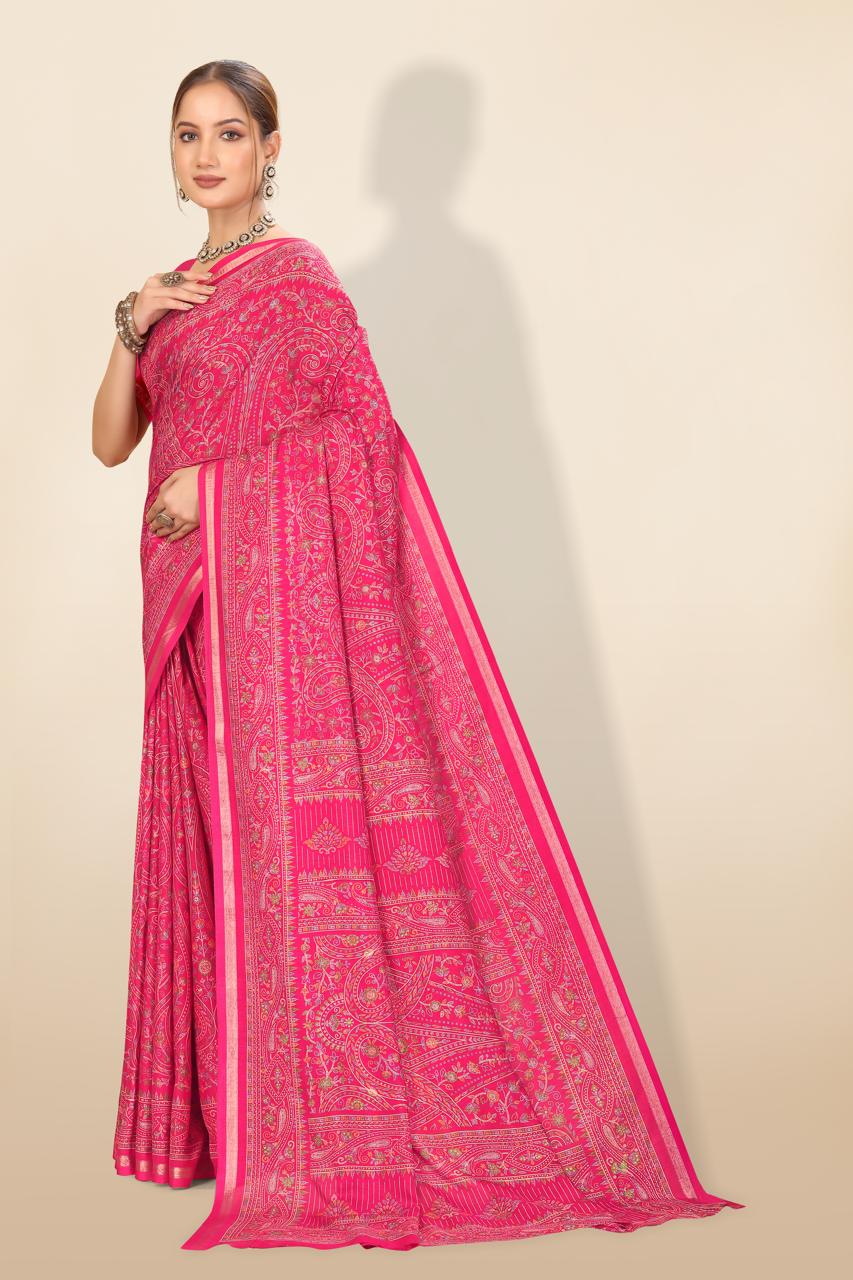 Pure Soft Tussar Silk Kashmiri Printed Saree with Rich Pallu & Golden Border | Elegant Traditional Wear