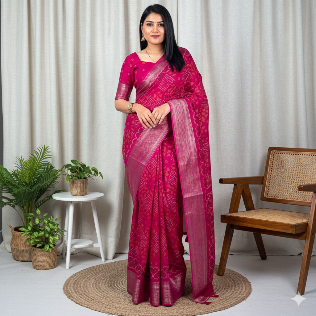 Soft Muslin Cotton Printed Saree with Zari Border & Matching Blouse – Swaraas