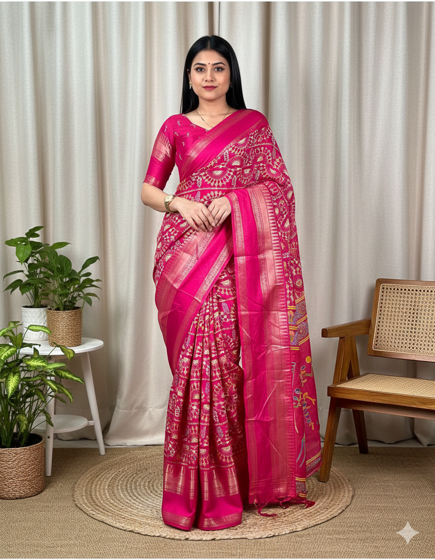 Soft Cotton Denting Kalamkari Saree with Zari Border & Printed Blouse – Swaraas