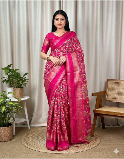 Soft Cotton Denting Kalamkari Saree with Zari Border & Printed Blouse – Swaraas