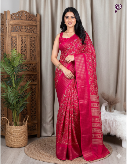 Soft Dola Silk Kalamkari Print Saree with Sequin & Zari Border | Printed Blouse – Swaraas