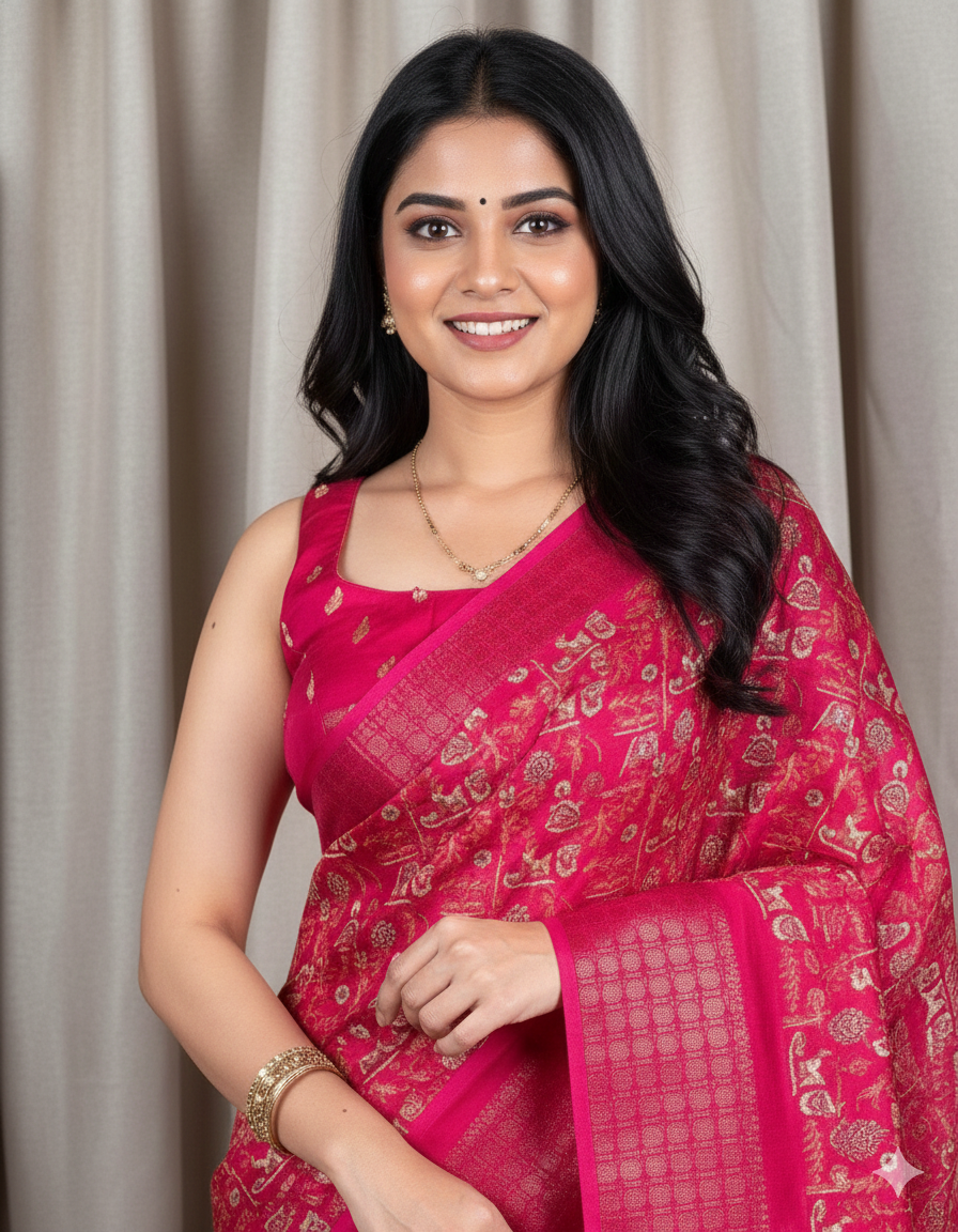 Soft Dola Silk Kalamkari Print Saree with Sequin & Zari Border | Printed Blouse – Swaraas