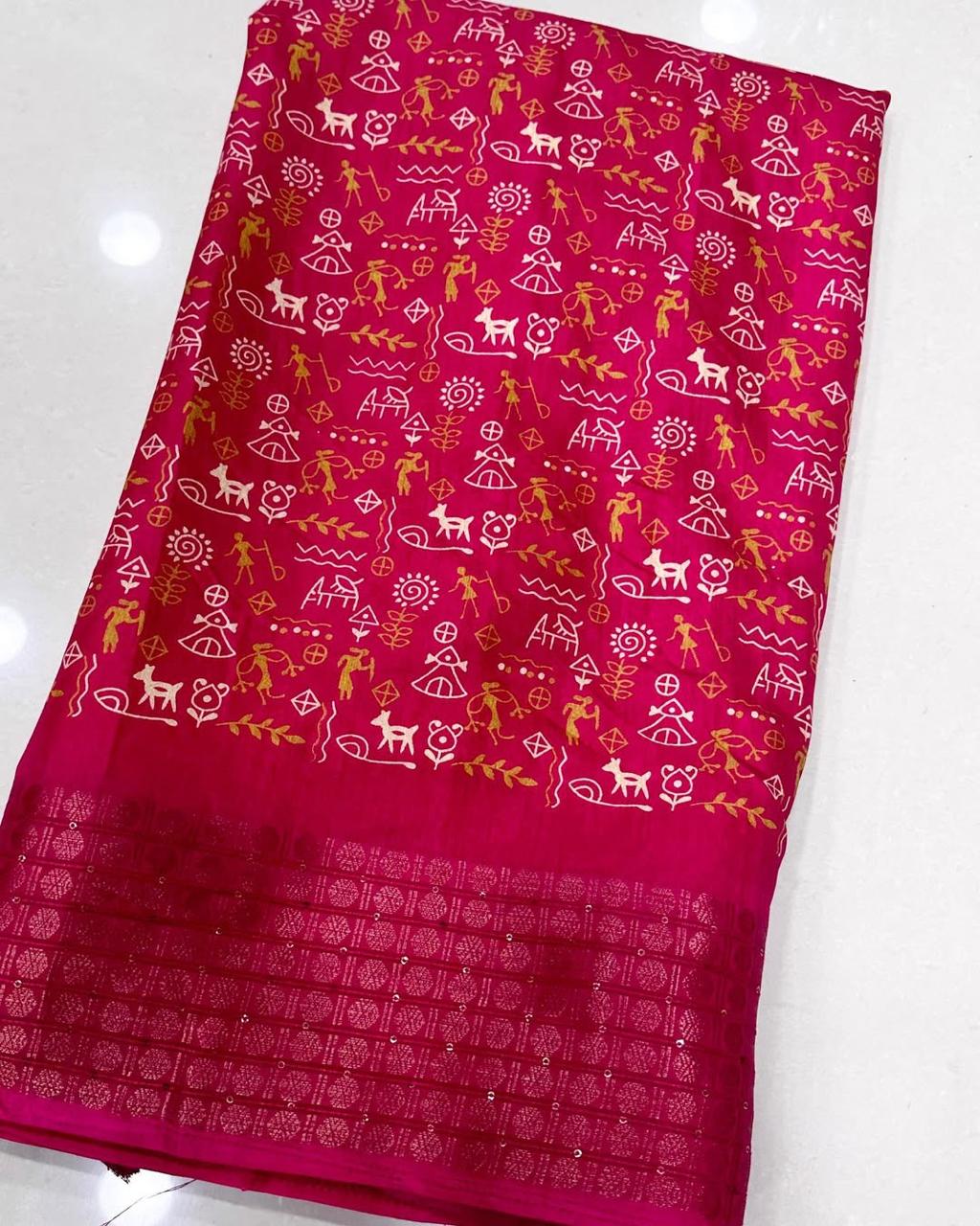Soft Dola Silk Kalamkari Print Saree with Sequin & Zari Border | Printed Blouse – Swaraas