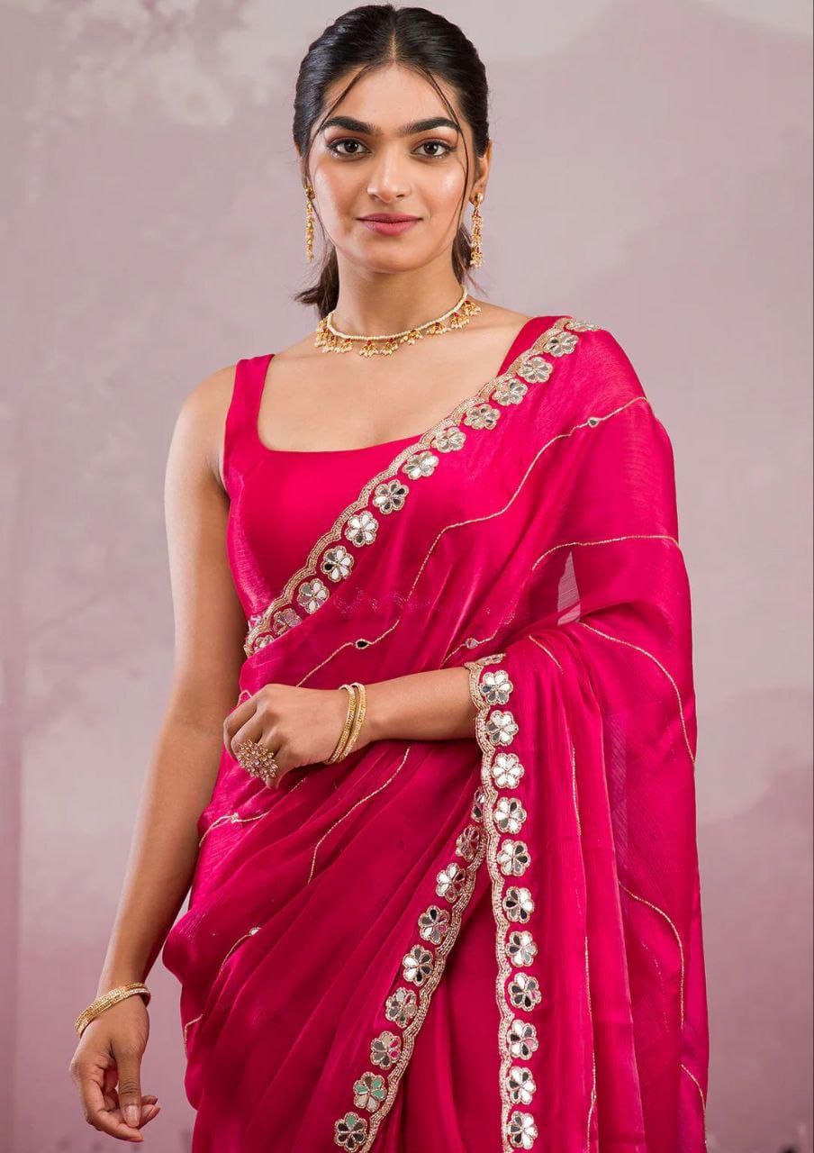 Soft Burberry Silk Saree with Embroidery & Real Mirror Work | Cut Work Border | 6.3 Meters with Matching Blouse
