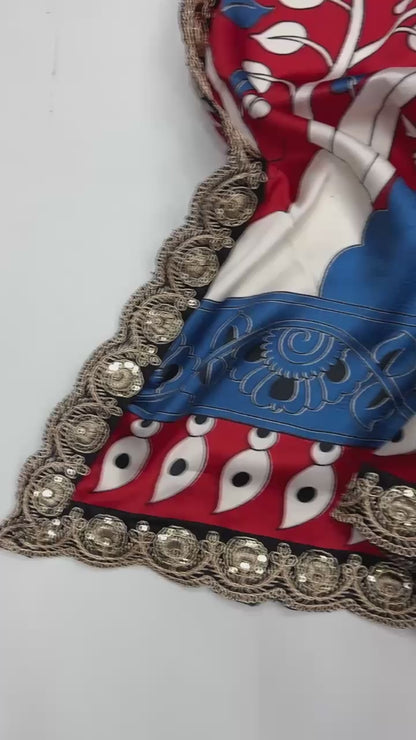 Pure Satin with Ajrak printed Sarees rich Pallu with heavy Designer Sequence Embrideory Lace