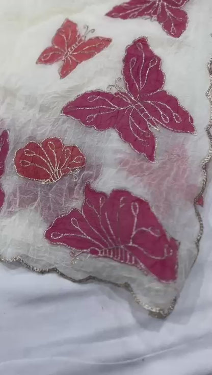 Butterfly Crush Soft Ivory White Chiffon Saree with Zari Embroidery & Banarasi Silk Blouse – AK 481