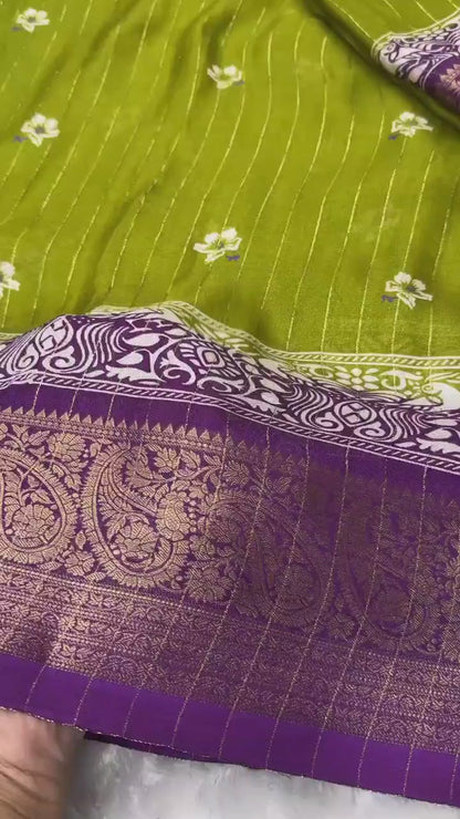 Pure Cotton Silk Saree with All-Over Zari Lining & Jacquard Border | Printed Design with Tassels on Pallu – Swaraas